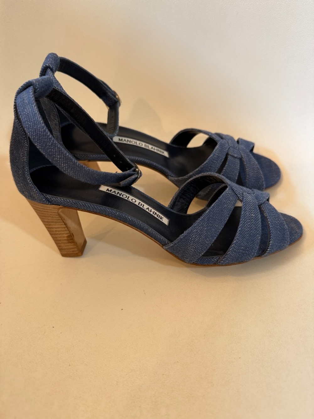 Manolo Blahnik Denim Blue Strappy Heeled Sandals 37 or 7
